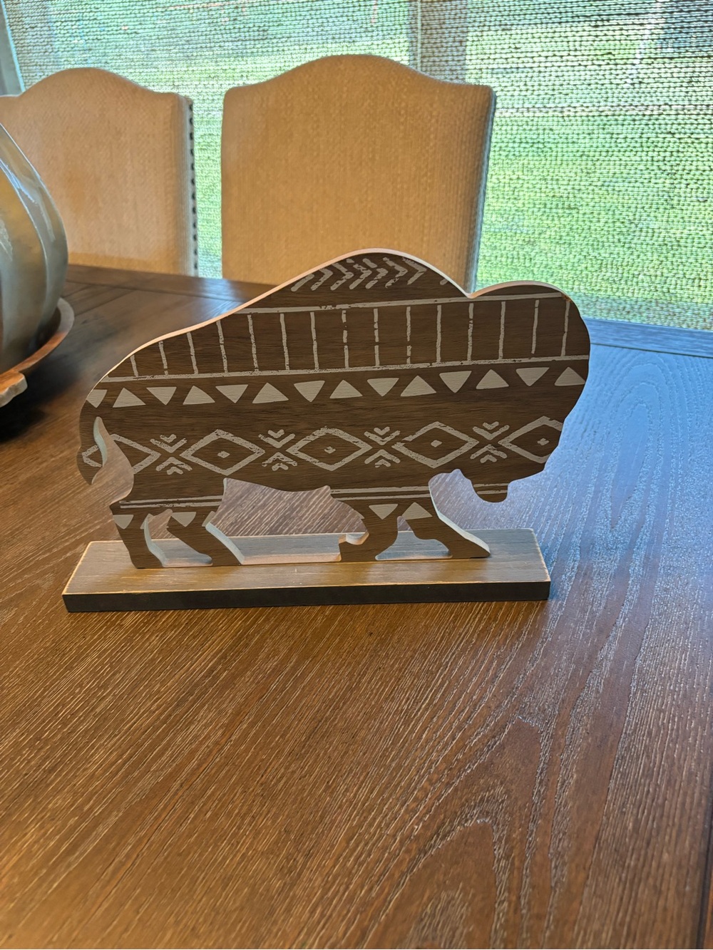 Wooden Buffalo Table Accent - Brown & Cream Tribal Pattern